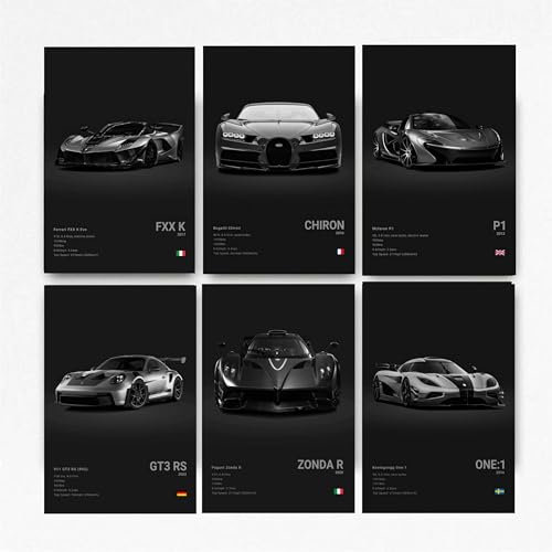 Dujoi Super Auto-Poster, Rennwagen-Wandkunst für Heimdekoration, Auto-Drucke für Wände, FXXK CHIRON P1 911GT3 RS ZONDA R ONE: 1 Kartonposter, 6 Stück (ungerahmt 20,3 x 30,5 cm)