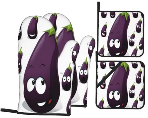 Ofenhandschuhe und Topflappen-Sets mit Cartoon-Auberginen – hitzebeständige Handschuhe für sicheres und stilvolles Kocherlebnis, Grillen und Grillhandschuhe, 4er-Set