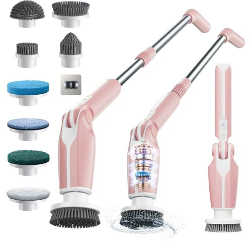Leebein Cepillo Eléctrico Limpieza Hogar, 2024 Fregadora Giratoria Eléctrica con 8 Cepillo Reemplazables, Control Remoto, Mango Ajustable 38-132CM y 2 Velocidades de Rotación para Baño/Cocina/Coche