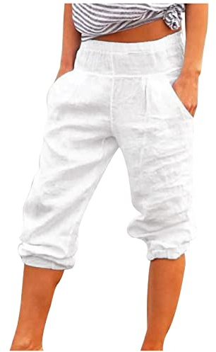 NSICBMNO White Cropped Trousers for Women UK Ladies Capri Pants Knee Length Shorts Summer Pants 3/4 Length Trousers Three Quarter Cotton Linen Pull On Joggers