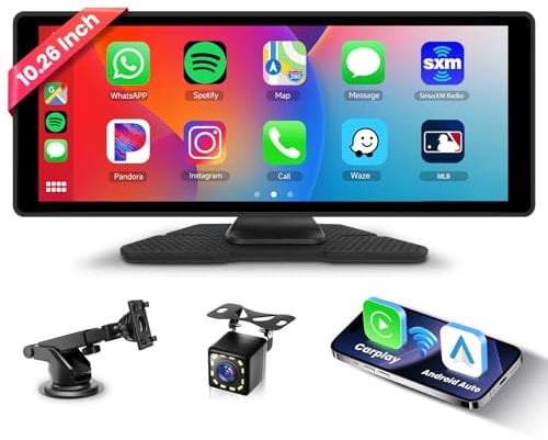 Inalámbrico CarPlay y Android Auto, Hodozzy 10,26 Pulgadas Portátil Radio Coche Bluetooth con Pantalla Táctil IPS,Carplay Pantalla con Mirror Link/Control de Voz/AUX/USB+Cámara de Marcha Atrás
