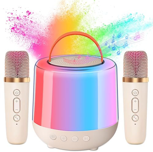 DeeprBling Mini Máquina de Karaoke con 2 Micrófonos Inalámbricos, Altavoz Karaoke Portátil con Luces LED, Karaoke Infantil con Microfono, Efectos de Cambio de Voz, Regalos para Niñas, Niños