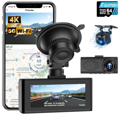 Dash Cam Front and Rear, 4K+1080P Dual Dash Camera for Cars with WiFi & GPS, Dashboard Camera Dashcam with App Control, Free 64GB Card, 170° Wide Angle, G-Sensor, Loop Recording, 24H Parking Mode