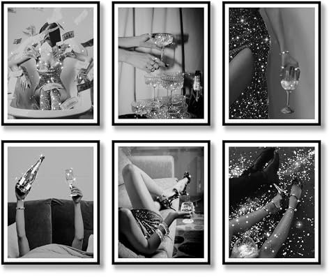 Modische Wandkunstdrucke, 6 Stück, feministisches schwarz-weißes Glam-Poster, Retro, luxuriös, moderne Frauen, Champagnerspiegelkugel, Leinwand-Wanddekoration für Wohnzimmer, Schlafzimmer (A, 27,9 x