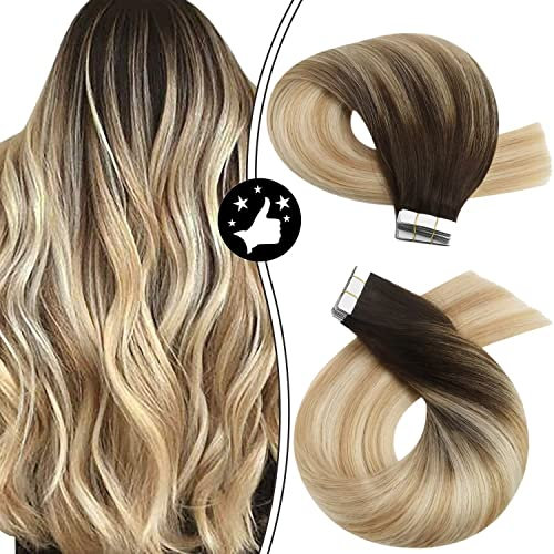 Moresoo Tape in Hair Extensions Remy Human Hair Roots Darkest Brown Ombre Caramel Blonde with Bleached Blonde Tape in Human Hair Extensions 16 Inch 20 Pieces/50g #2/27/613