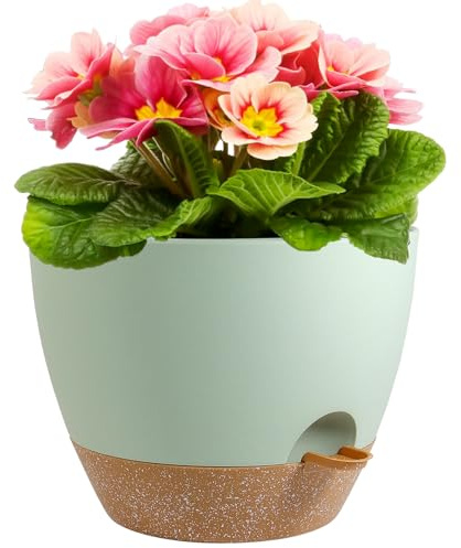 Meowell 12 inch Large Self Watering Planters, Plant Pots with Drainage Holes for Indoor Outdoor Plants, Plastic Flower Pots with Deep Reservoir (Green + Brown Saucer, 12 inch B)