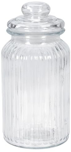 Koopman International Vintage Ribbed Glass Sweet Jar with Lid, 1000ml, Clear, Airtight, Victorian Style, Kitchen, Party, Wedding, Buffet, Home