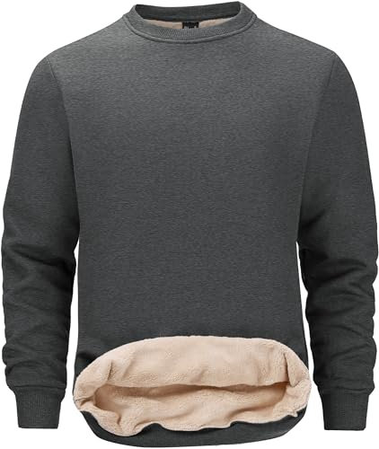 Tansozer Mens Warm Sweatshirts No Hood Winter Fleece Jumper fur Lined Thermal Sweater Pullover Work Casual Top Base, Dark Grey, L