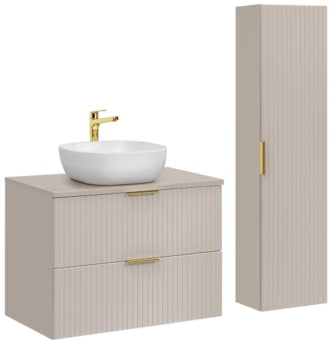 Lomadox Badezimmer Badmöbel Set mit 80cm Waschtisch, 2-teilig, in Kaschmir, mit Keramik-Waschbecken