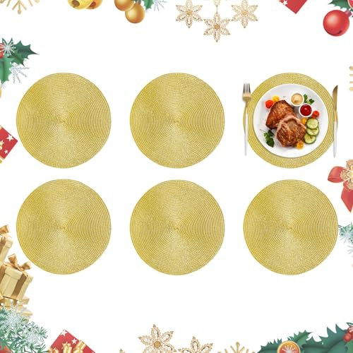 Homcomodar Weihnachten Tischsets Rund 6PCS Gold Platzsets Abwaschbar 34cm Glitzer Platzdeckchen Hitzebeständigem Tisch Tischsets für Küche Abendessen