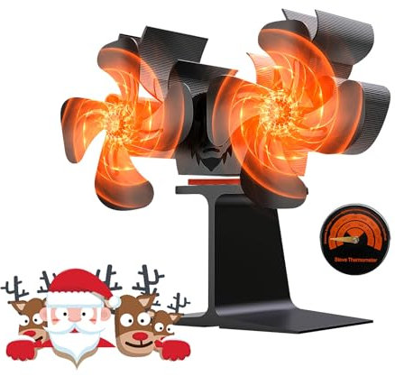YWNYT Wood Stove Fan Heat-Powered, Unique Deer Horn Design Fireplace Stove Fan, Wood Burning Stove Fan, Log Burner Fan, 8 Blades and 2 Motors (with Thermometer)
