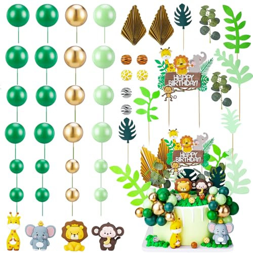 ZhouBoat 44 Pcs Jungle Safari Animal Cake Toppers Wild Zoo Cake Decorations Includes Elephant Giraffe Lion Monkey Birthday Cake Topper Tropical Leaves Palm Leaves Green Cake Balls Decorations