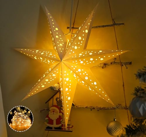 HOUISM Paper Star Lanterns, Christmas Star Lights, Hanging Decorations 3PCS | LED Lights, Hanging Star Lights, Paper Star Lampshade, Christmas Window Decor, White Stars for Xmas Wedding Party Home