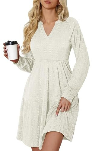 Ritiriko Strickkleid Damen Herbst Langarm Kleider A Linie Pulloverkleid V Ausschnitt mit Taschen Winterkleid Elegant Weiß L