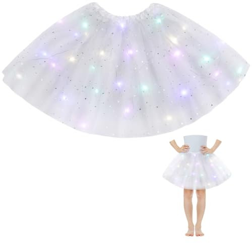 AYBUY Gonna Tulle LED per Bambina, LED Tutu Gonna con Paillettes, Gonna a Tutù in Tulle Luminoso per Carnevale Halloween Natale Festa, per le Ragazze(Bianco)
