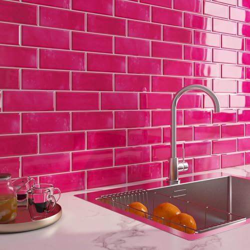 LaCheery 18 Pezzo Piastrelle Adesive Bagno Rosa Scuro 3D Effetto Mattone 30.5cm x 30.5cm Mattonelle Adesive Cucina Lavabili Vinile Piastrelle Adesivi Muri per Cucina Bagno Soggiorno Rimovibile