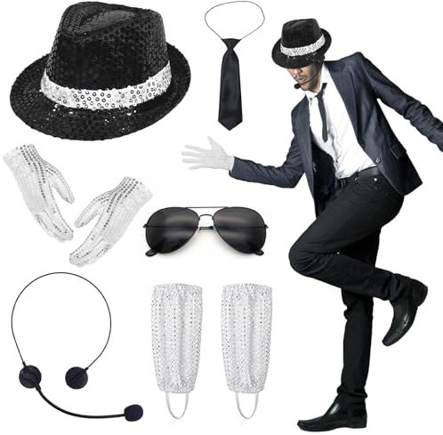 8 Pcs Michael 80er Jahre Kostüm für Herren, 80er Rockstar Cosplay Kostümzubehör Jazz Paillettenhut Handschuh Socke Krawatte Sonnenbrille Kopfmikrofon, King of Pop für Erwachsene Teenager 80S Cosplay