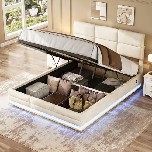 MQLAE Bett 140x200 cm, Polsterbett mit USB-Steckdose und LED-Lichtleiste, Hydraulisch Doppelbett Stauraumbett, Funktionsbett Kopfteil，Bett mit Lattenrost, für Erwachsene & Jugendliche, (Beige)