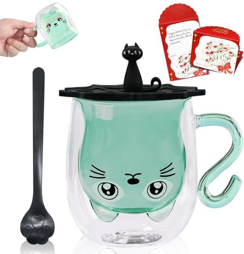 Afitdon Graziosa tazza per gatti a doppia parete, motivo gatto carino tazze con biglietto di benedizione, cucchiaio e coperchio per bicchiere, regalo per gli amanti dei gatti, 280 ml, per cappuccino,