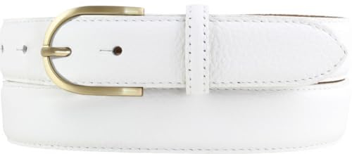 Italienischer Damen-Gürtel, 30 mm breit, Damen, Chinogürtel, Hosengürtel, strukturiertes Leder, Schließe Gold | Weiß 95cm