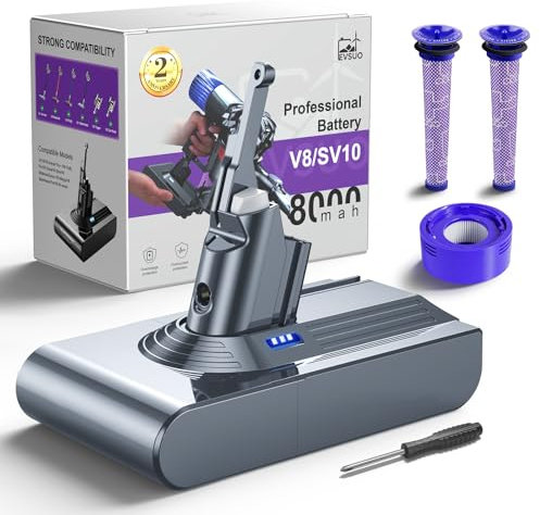 8000mAh Replacement Battery for Dyson V8 Animal/Absolute/Motorhead/Fluffy/SV10 OEM Compatible Cordless Vacuum Battery with 3 Filters (1 Rear + 2 Front) Premium Upgrade