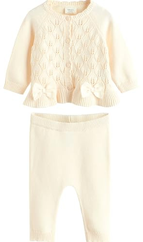 NEXT Bambina Completo neonati con cardigan in maglia 100% cotone con volant e fiocco Bianco 9 Mesi-12 Mesi