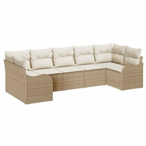 vidaXL 7-teilige Garten-Sofa-Garnitur für draußen mit Kissen in Beige, aus wasserfestem Poly-Rattan, modularem Design, abnehmbaren Bezügen – ideal für Terrasse, Balkon oder Wohnzimmer.