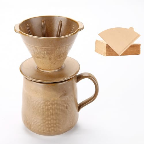 Polydremio Pour Over Coffee Maker Set - 300ml Ceramic Mug with Dripper and 100 Small Cone Filters, Brown