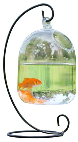 Hanging Fish Bowl with Stand, Transparent Mini Fish Tank Bowl, Space-Saving Impermeable Construction Glass Vase Aquarium for Home, Office Accessory, Glass