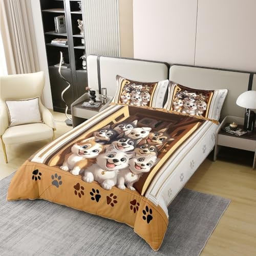 Manfei Parure de lit 100 % coton pour lit simple, motif animal aquarelle, porte en bois, motif patte de chien, housse de couette jaune et blanche, 1 taie d'oreiller (sans remplissage)