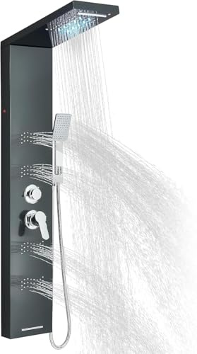 JUNSOTTOR Panneau de douche moderne noir mat | Système de pluie 5 en 1 avec jets de corps, affichage numérique LED et étagère intégrée