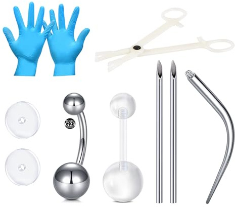 LAURITAMI Kit piercing ombelico, set da 9 pezzi con piercing all'ombelico in titanio 14G, ago in acciaio inossidabile, pinza set di strumenti