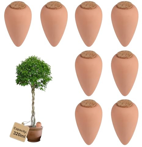 EXLECO 8 × 320ml Oyas Arrosage avec Liège, Arrosoir Terreau Plante Intérieur, Cône à Radis Olla pour Arrosage Automatique des Fleurs, Distributeur Eau Plante, pour Jardin, Potager, Pot en Terre Cuite