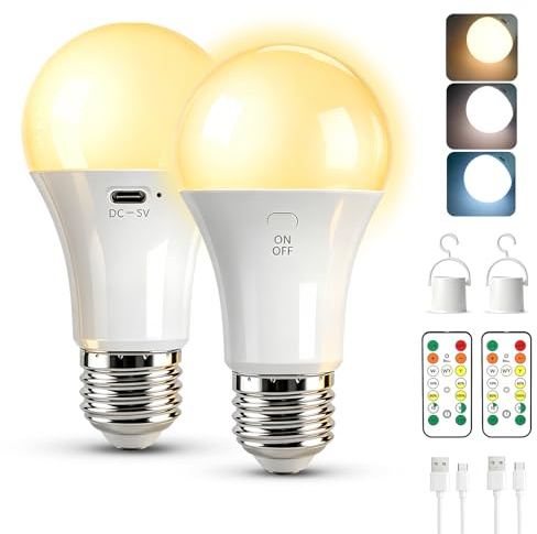 Liuyife 2600mAh Rechargeable LED Bulbs with Remote, 7W 3 Color & Stepless Dimmable with Timer Outdoor, USB Battery Powered Light Bulb E27 A60 with Hook, for Camping Emergency 2 Pack