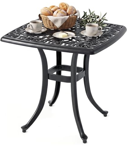 COSTWAY Beistelltisch aus Aluminiumguss, wetterfester Balkontisch mit Schirmloch und verstellbaren Fußpolstern, quadratischer Gartentisch für Garten, Terrasse, Balkon, 54 x 54 x 53 cm