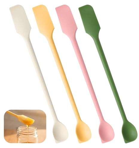 4 Stück Teigschaber Schmal Set, Mehrfunktionale Restelöffela und Mini Teigschaber, Hitzebeständige Silikonlöffel für Küche, Backen und Kosmetik