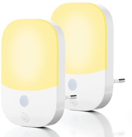 Lot de 2 Veilleuses Bébé LED à Prise, 3000K Lumière Blanche Chaude | Modes Marche/Arrêt/Auto, 5 Niveaux de Luminosité Réglables, 0,3 W, pour Chambre, Couloir, Escalier, Cuisine
