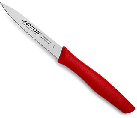 Arcos Serie Nova - Cuchillo Mondador - Hoja Serrada de Acero Inoxidable de 100 mm - Mango de Polipropileno Color Rojo