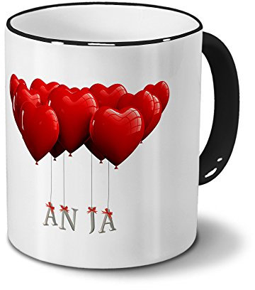 printplanet Tasse mit Namen Anja - Motiv Herzballons - Namenstasse, Kaffeebecher, Mug, Becher, Kaffeetasse - Farbe Schwarz