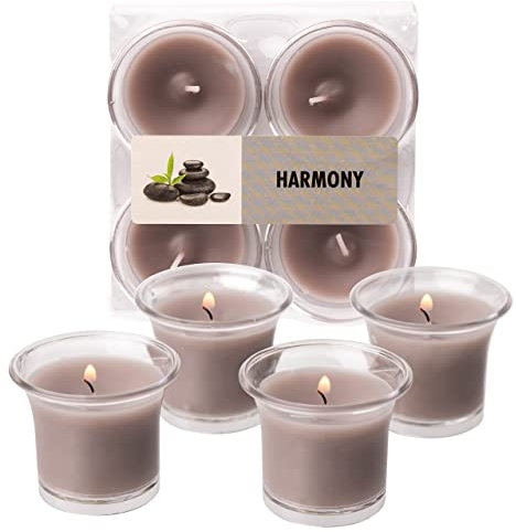 Hyoola Velas Votivas con Perfume - Velas Aromáticas en Vaso Transparente - Velas Perfumadas con Harmonía - Gris - 12 Horas de Combustión - Pack de 4 - Hechas en Europa