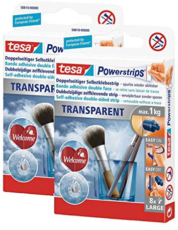 tesa Powerstrips Strips TRANSPARENT, für max. 1kg, Packung mit 8 Strips (2 Packungen)