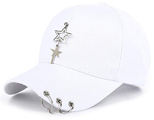 ARAWARA Unisex Schwarz Fitted Cap K-Pop Cap Baseball Cap mit Ringkette Metallic Cap Einzigartige Kappe Kappe mit Stern, Weiss/opulenter Garten, M