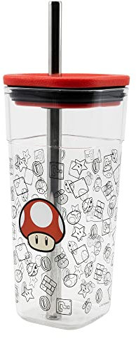 Vaso Cube Alto de plástico con Pajita de Acero Inoxidable - 540 ml de Super Mario
