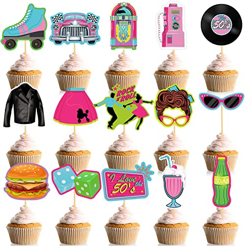Jecery 45 Pcs 1950s Cupcake Topper Rock and Roll Music Party Decorations | 50s Music Soda Shop Cake Decoration for Retro 60's Theme Party, Jukebox Records Skates Poodle Skirt Designs