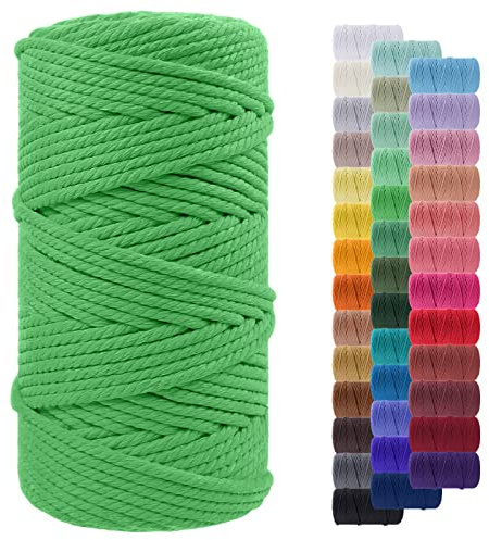 LEREATI Macrame Cord 5mm x 100m, Thick Macrame Rope Yarn Natural Cotton Cord, 4 Strand Twisted Colored String for Wall Hanging Plant Hanger DIY Crafts Boho Decor (Grass Green)