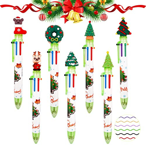 Einziehbare Kugelschreiber, 7Stk Weihnachtsbunte Kugelschreiber 6-in-1 Netter Elch,Weihnachtsbaum Top-Design Kugelschreiber Mehrfarbig für Büro Schulbedarf Studenten Kinder Geschenk (Grüne Serie)