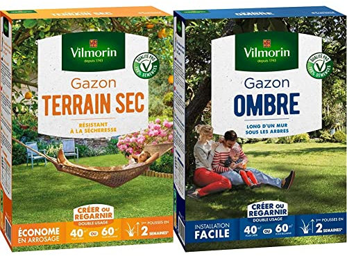 Vilmorin 4460514 Gazon Terrain Sec, Vert, 1 kg & 4466514 Gazon Ombre, Vert, 1 kg