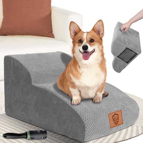 Zvonema Escalier pour Chien 2 Marches, Escalier pour Chiens Antidérapant & Imperméable, Rampe pour Chien pour Canapé & Lit avec Housse Amovible & Lavable, Marche Pied pour Animaux, Gris