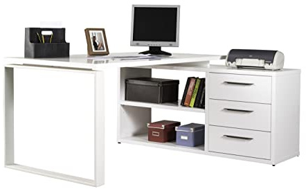Composad | Schreibtisch der Linie Zeichnung mit 3 Schubladen und 2 Fächern, Eckschreibtisch mit Schubladen und Bücherregal, (BxHxT) 160 x 74,80 x 140 cm, Farbe Weiß lackiert, Made in Italy