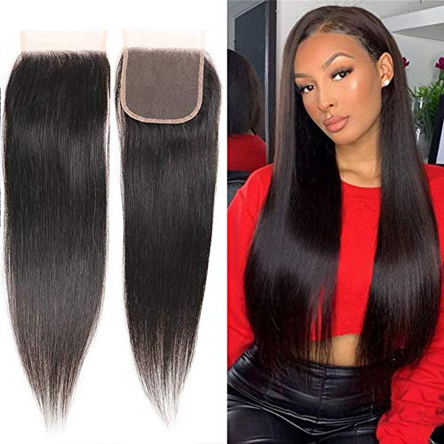 Brazilian Silky Straight 4x4 Free Part Lace Closure Human Hair Extension 12 Inches Pre Plucked Natural Hairline for Black Women Natural Black Can Be Dye,Bleached.